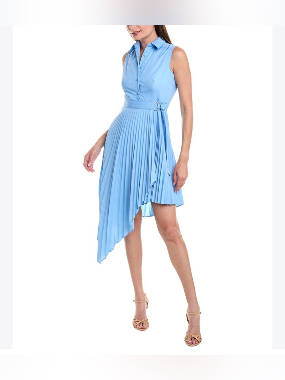 Taylor Pleated Wrap-Skirt Shirtdress in Light Blue